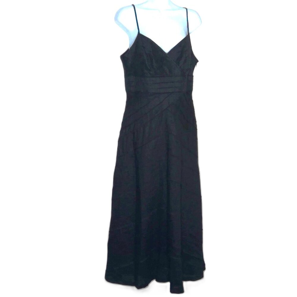 New Jones New York Black Linen Dress Pintuck Lined Maxi Faux Wrap Bodice Sz 6
